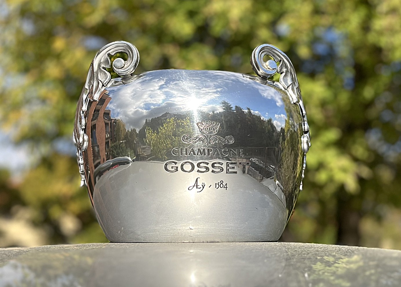 Art Nouveau pezsgőhűtő a GOSSET pezsgőház termékeihez – Orfèvrerie d’Anjou ónöntvény – ELADÓ