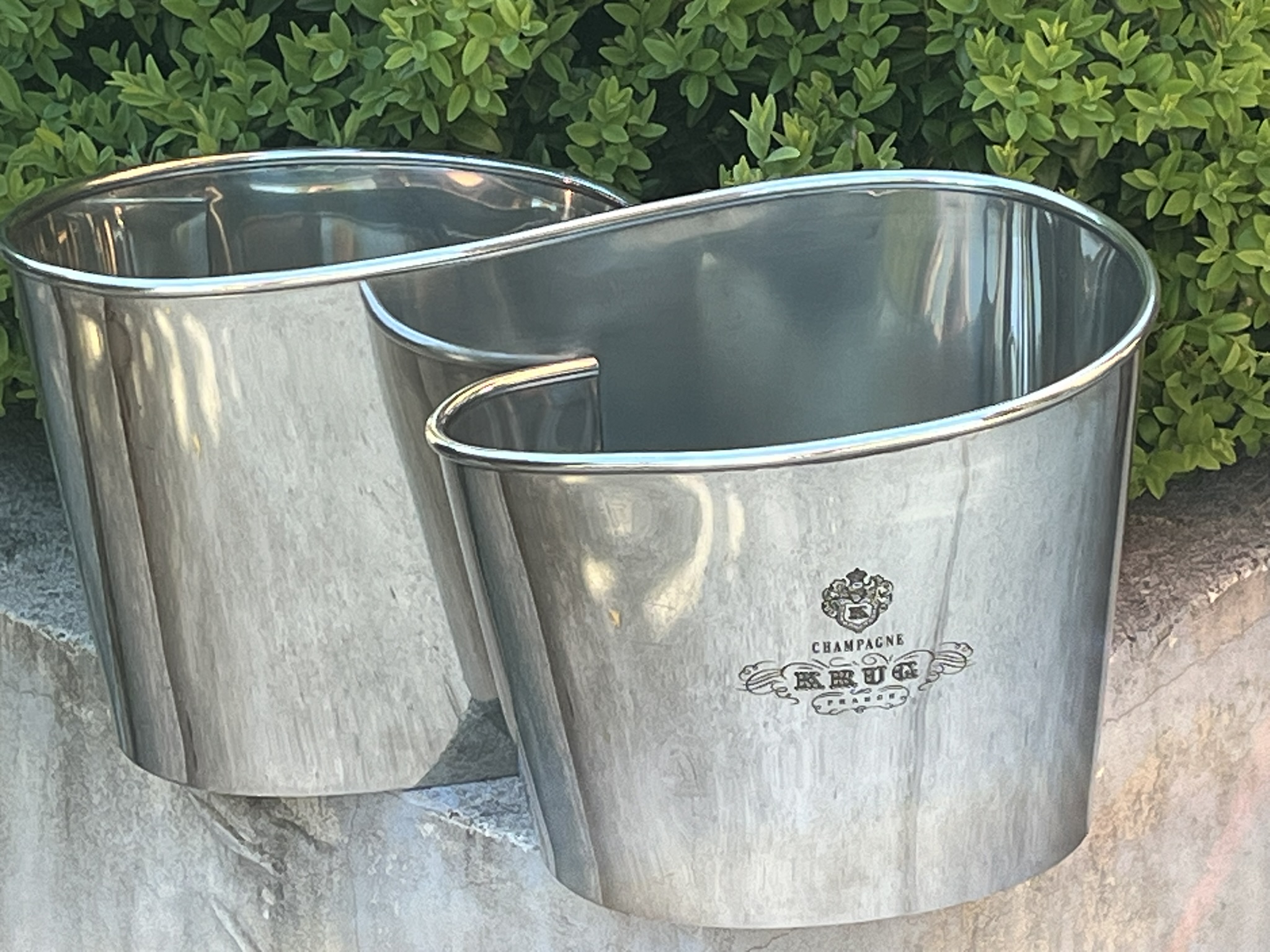 KRUG „Infinity” dupla pezsgőhűtő veder – 4 palackos, ón (pewter), Franciaország, 20. századi ritkaság – ELADÓ